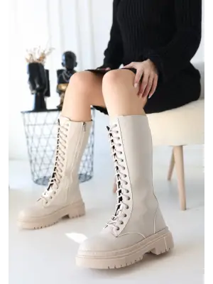 Modern Bej Bağcıklı Çizme