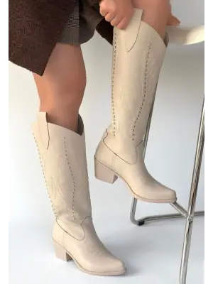 Bej Cilt Topuklu Çizme Kadın Giyim