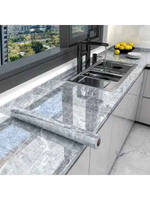 Omarı Mermer Desenli Mutfak Duvar Kağıdı Sticker - Su ve Yağa Dayanıklı!