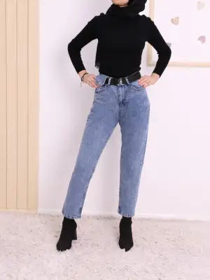 Omarı Metal Tokalı Kot Pantolon - Koyu Mavi