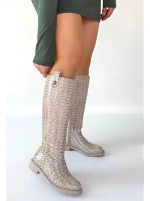 Bej Cilt Desenli Çizme Kadın Giyim