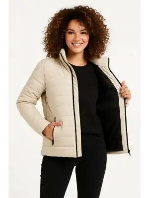 Modern Kapitone Baskılı Fermuarlı Bomber Mont