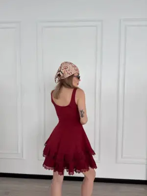 Omarı Bordo Mini Askılı Elbise