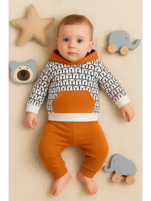 Minik Ayıcıklar Desenli 2li % 100 Pamuk Erkek Bebek Takımı