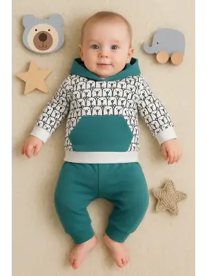 Minik Ayıcıklar Desenli 2li % 100 Pamuk Erkek Bebek Takımı