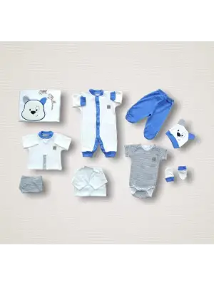 Şık Ayı Nakışlı 10lu Zıbın Takımı Mavi