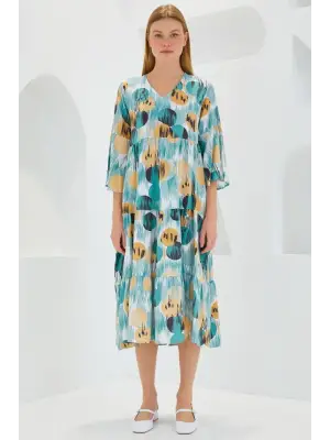 Mint Bej Desenli Kısa Kol Viskon Elbise 1959