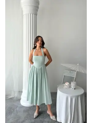 Mint Boyundan Bağlamalı Keten Elbise