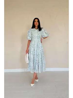 Mint Kemerli Balon Kollu Elbise
