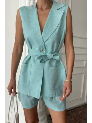 Omarı Keten Yelek ve Şort Takımı - Mint Rengiyle Şıklık ve Rahatlık