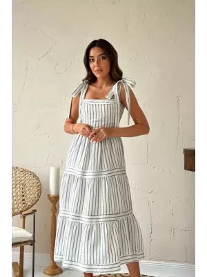 Mint Çizgili Omuzdan Bağlamalı Elbise
