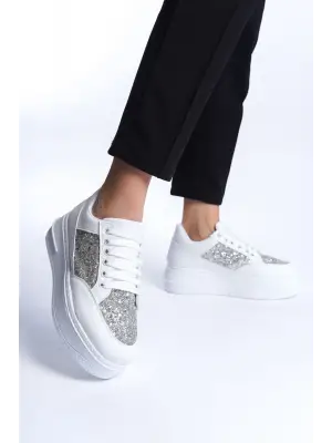 MIPA Bağcıklı Rahat tabanlı ayakkabı Tabaan Simli Bayan Spor tabanlı ayakkabı Spor Ayakkabı  CBT - Beyaz