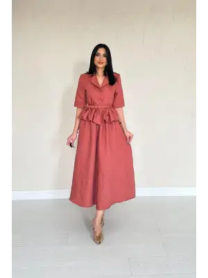 Moccah İnce Kemerli Fırfırlı Ceket Ve Büzgülü Etek Takım