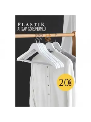 ModaCar Ahşap Görünüm Plastik Askı 20 ADET Beyaz