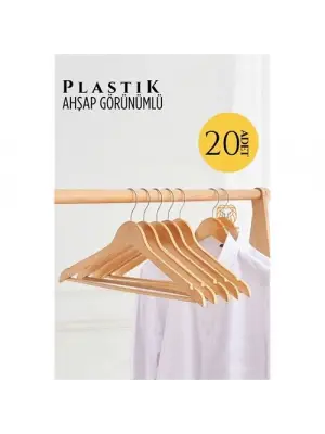Omarı Ahşap Görünümlü Plastik Askı Seti - 20 Parça Krem Renkli