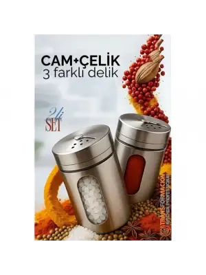 Omarı 3 Delikli Cam ve Çelik Tuzluk Biberlik Seti
