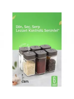 Modacar Cam Tuzluk Baharatlık – 360° Döner Kapaklı | 3 Delik Tipiyle Ayarlanabilir Akış  6 ADET