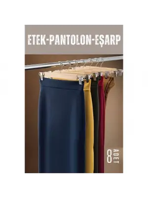Omarı Ahşap Kıskaçlı Askı Seti - 8 Adet Etek Pantolon Eşarp Askısı