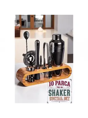Modacar Shaker Kokteyl Set - 10 Parça 750 ML Shaker Coctail Set  Bambu Standlı