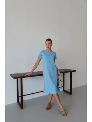 Modal yırtmaçlı elbise mavi pt