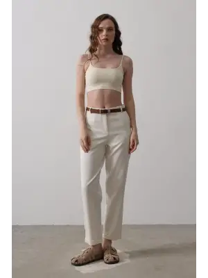 Omarı Yüksek Bel Havuç Pantolon - Ekru