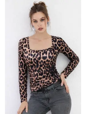 Modern Leopar Desenli Kollu Bluz