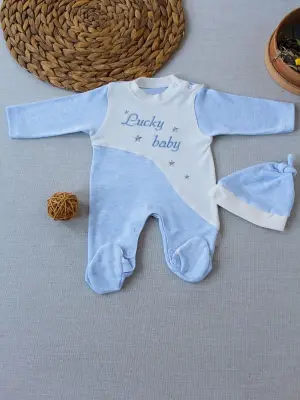 Modern Nakışlı Bebek Tulumu Mavi
