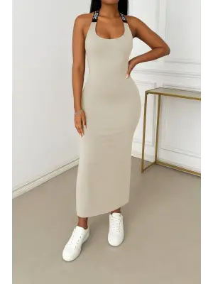 Omarı Sırttan Çapraz Şerit Detaylı Viskon Elbise