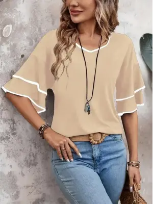 Omarı Yuvarlak Yaka Desenli Viskon Bluz