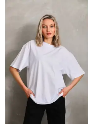 Omarı Beyaz Unisex Düz Oversize Bisiklet Yaka T-Shirt