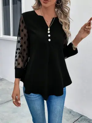 Modern Yakadan Düğmeli Tül Detaylı Kadın Bluz