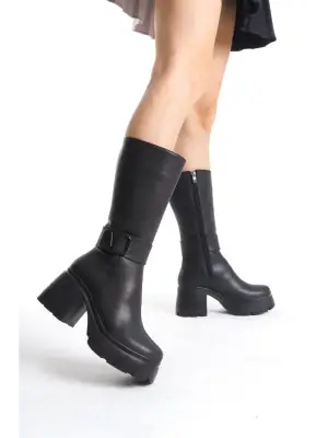 Siyah Cilt Topuklu Çizme Kadın Giyim