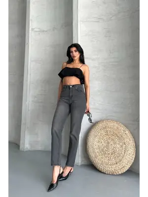 Mom fit enzim taş yıkama jeans pantolon füme d2006