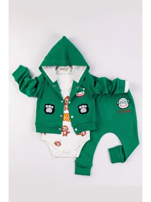 Monkey Nakışlı Kapişonlu Erkek Bebek Takım
