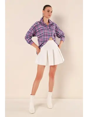Mor Beyaz Kareli Desenli Oversize Uzun Basic Gömlek 3900