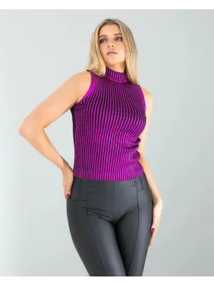 Omarı Parlak Yaka Detaylı Mor Triko