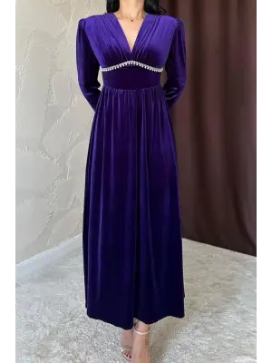 Mor Göğüs Altı Taşlı Elbise