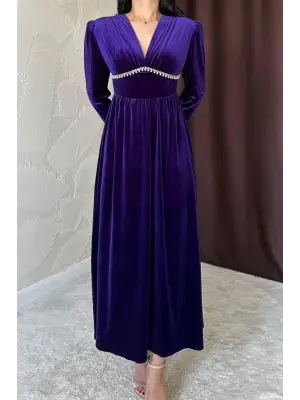 Omarı Taşlı Elbise - Göğüs Altı Detaylı Mor Elbise