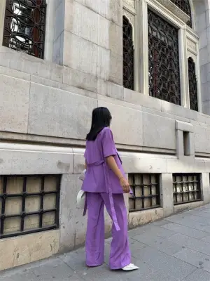 Omarı Zarif Mor Detaylı Ceket-Pantolon Takımı