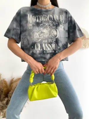 Motosiklet Baskılı Yıkamalı Crop Tişort -Gri