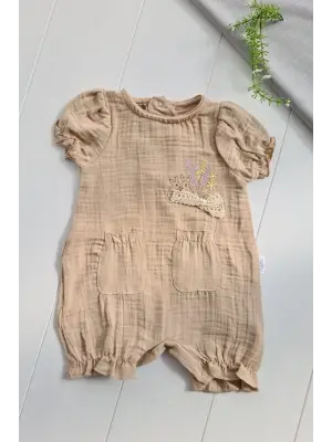 Müslin Kumaş Çiçek Nakışlı Pamuklu Kız Bebek Tulum