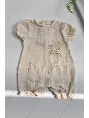 Müslin Kumaş Çiçek Nakışlı Pamuklu Kız Bebek Tulum