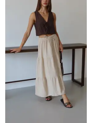 Müslin kumaş keten uzun etek bej pt
