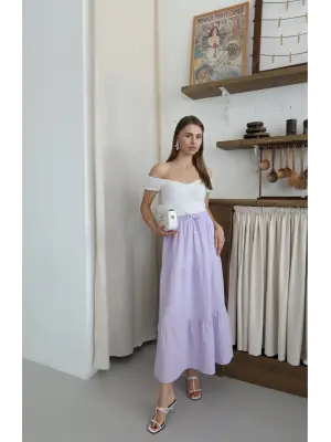 Müslin kumaş keten uzun etek lila pt