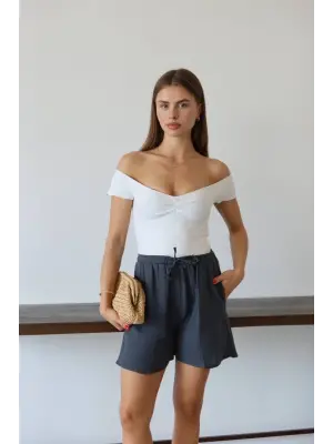 Antrasit Müslin Kumaş Şort Kadın Giyim