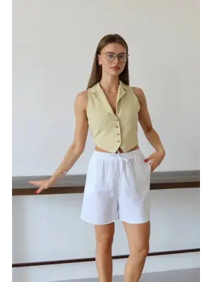 Müslin kumaş şort bağcıklı beyaz pt