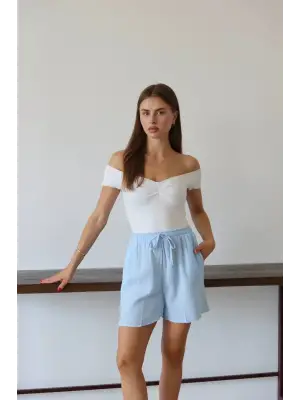 Müslin kumaş şort bağcıklı mavi pt