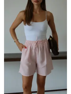 Müslin kumaş şort bağcıklı pembe pt