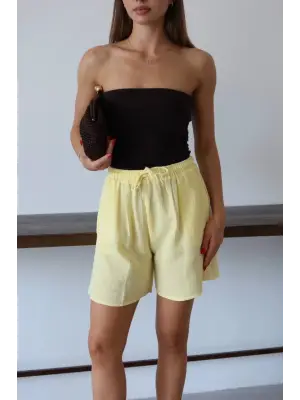 Müslin kumaş şort bağcıklı sarı pt