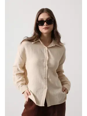 Müslin Uzun Kol Gömlek - Bej